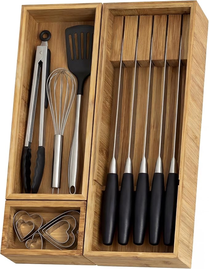 KOCWELL Bamboo Silverware Drawer Organizer with Knife Block, 3 Removable Drawer Organizer Bins - Multi-Use for Kitchen Utensils, Office, Makeup, Tools Storage