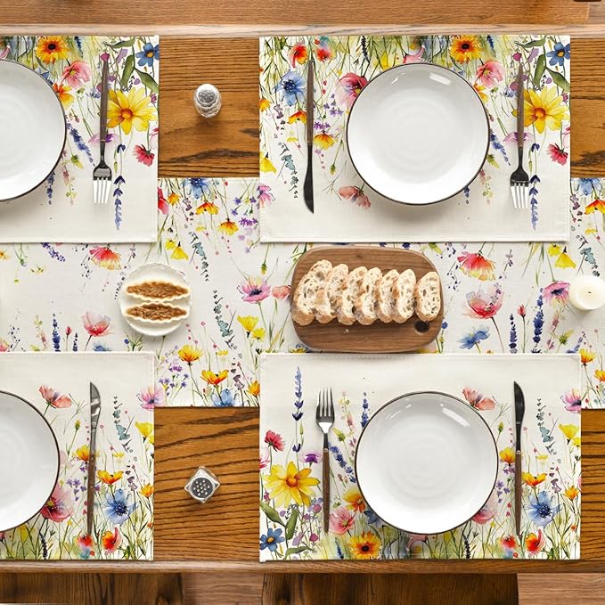 Artoid Mode Daisy Lavender Floral Leaves Spring Placemats Set of 4,12x18 Inch Seasonal Spring Table Mats for Party Kitchen Dining Decoration