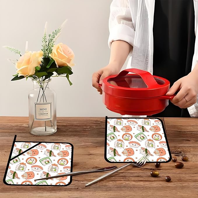 Cute Sushi Doodle Pot Holders 2 PCS,Kitchen Heat Resistant Potholder for BBQ Cooking Baking,Food Hot Pad for Women Men