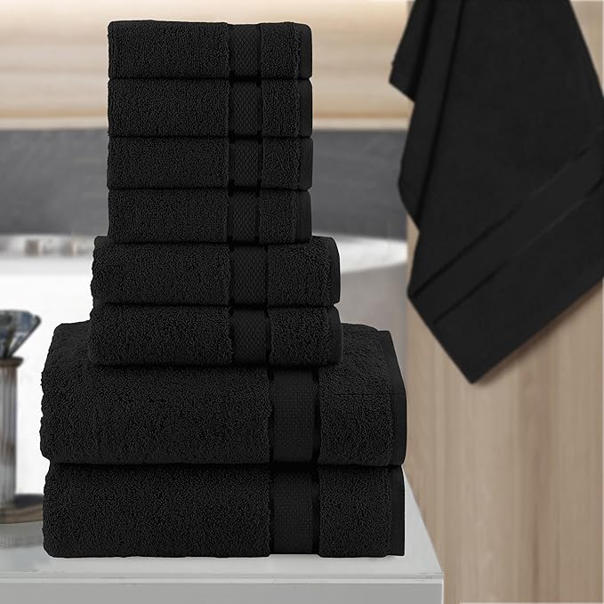 Elegant Comfort Premium Cotton 8-Piece Towel Set, Includes 4 Washcloths, 2 Hand Towels and 2 Bath Towels, 100% Turkish Cotton - Highly Absorbent and Super Soft Towels for Bathroom, Black