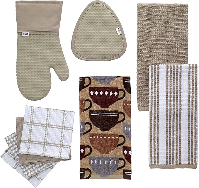 T-Fal Fiber Reactive Print Kitchen Towels: Highly Absorbent, Super Soft - 100% Cotton, 16"x28" Dish Towels for Cleaning & Drying Dishes, Pans, Glassware, or Countertops, 2-Pack, Coffee