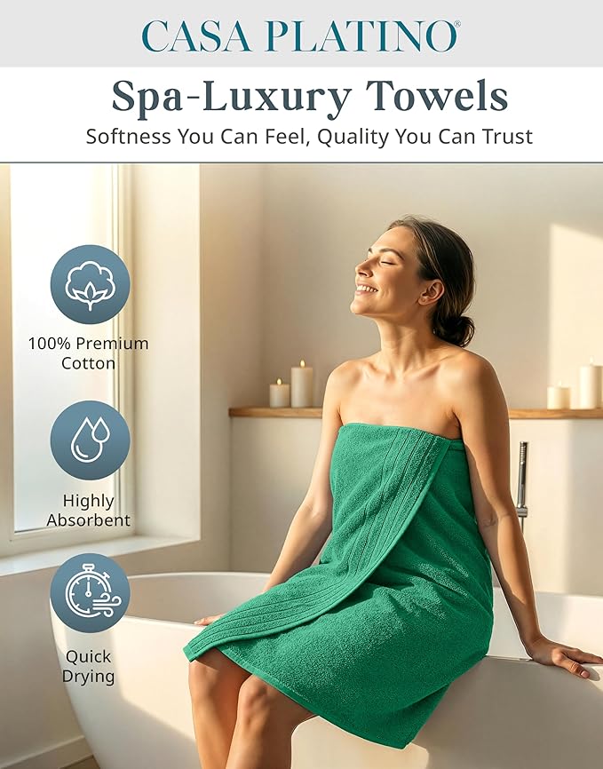 Casa Platino 100% Mercerized Cotton Bathroom Towel Set - 8 Pieces, Hotel Quality - Super Soft & Highly Absorbent - Ring Spun - 2 Large Bath Towels, 4 Washcloths, 2 Hand Towels - Family Pack - Emerald