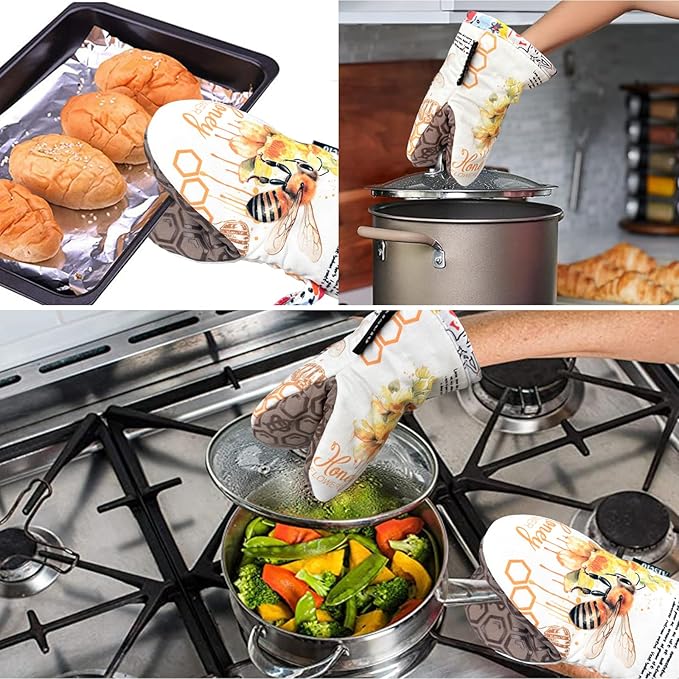 Alselo Mini Oven Mitts,2pk - Silicone Little Kitchen Gloves, Heat Resistant with Non-Slip Grip and Soft Quilted Cotton Lining for Safe Backing Cooking Barbecue (Khaki, Bee)