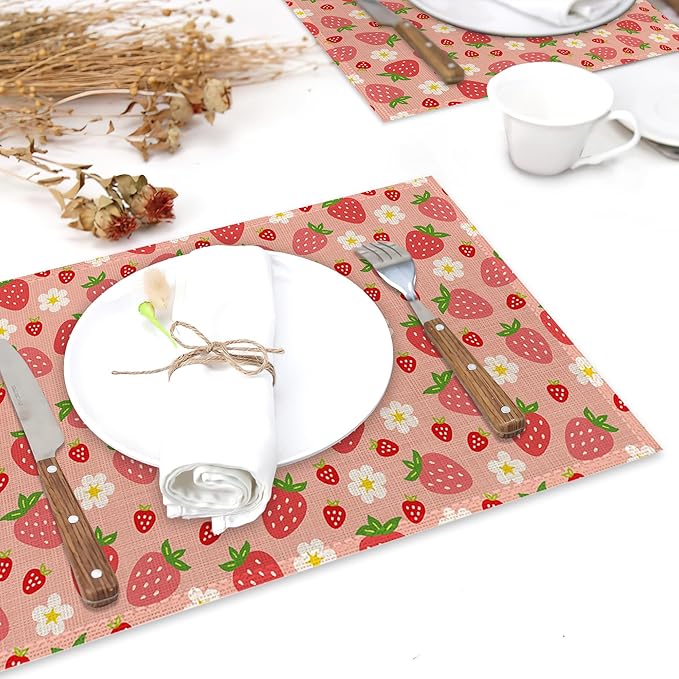 Red Strawberry Placemats for Dining Table Set of 6,Cute Flowers Place Mats for Home Party Kitchen Indoor Holiday Rustic Washable Heat Resistant Table Mats 12 x 18 Inch