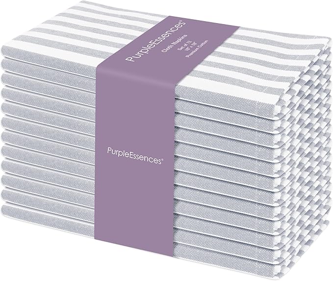 PurpleEssences Plain Striped Cloth Napkins - Set of 12-100% Cotton - 18 x 18 Inch - Spring Easter Summer and Perfect Everyday Use Dinner Napkin - Gray and White