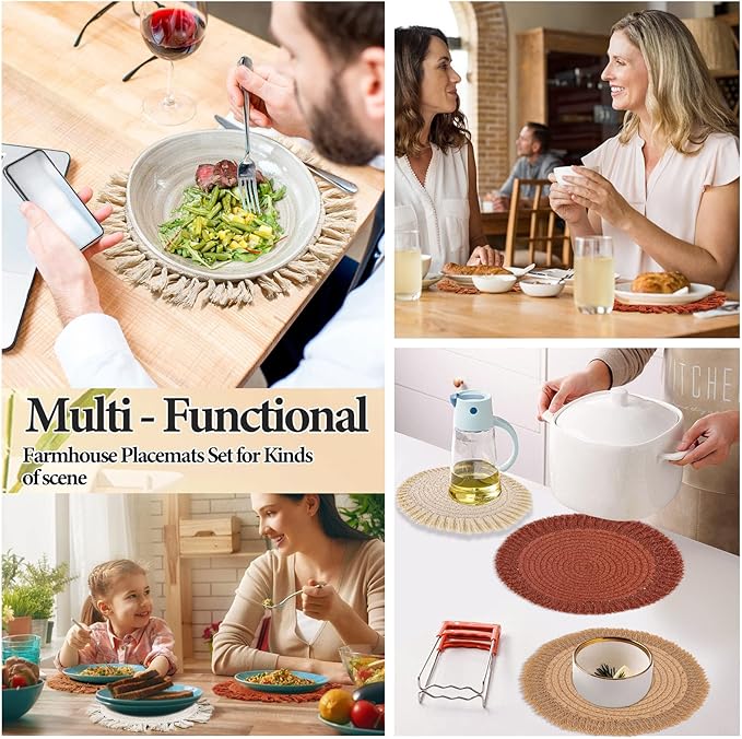 13 Inch Round Cotton Placemat Set of 4 Boho Placemats Table Mats Woven Washable Table Placemats for Fall Kitchen Dining Home Farmhouse Thanksgiving Christmas Decoration Heat Resistant Place Mat