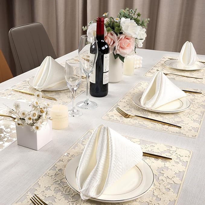 Clear Placemats Set of 6 Rectangle - PVC Place Mats with Beige Flower Carft Table Protector for Kitchen Dining Room, Wahsable Heat Resistant Non-Slip Reversible Table Mats