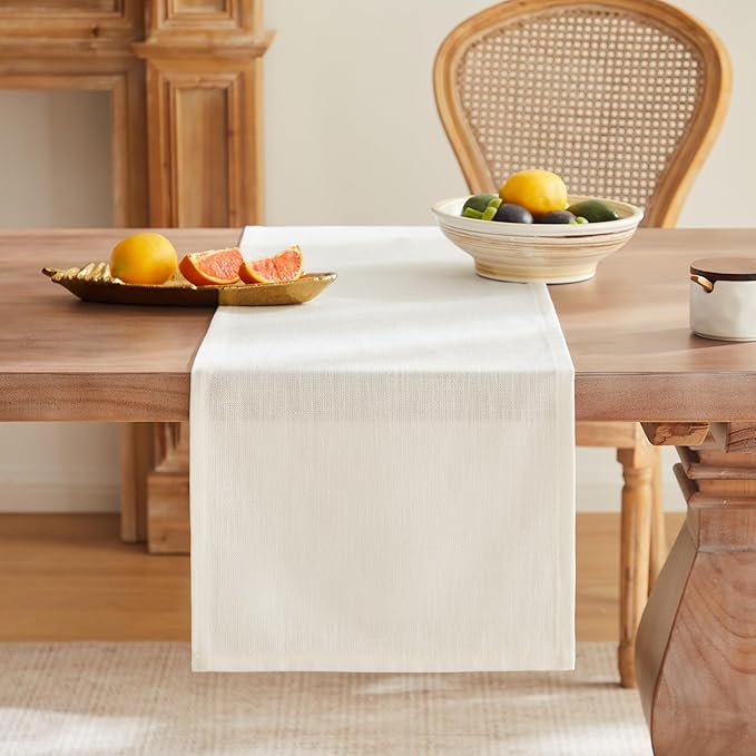ZeeMart Rustic Cotton Linen Table Runner, 13x108 Inches Off White, Farmhouse Style Ivory Table Runners 108 Inches Long, Washable Kitchen Dining Table Decoration for Home Party Decor