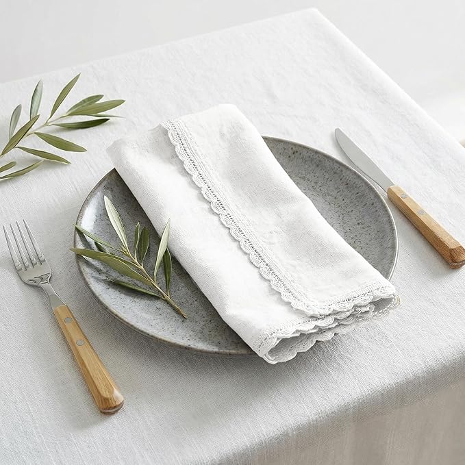 Flax Lace Cloth Dinner Napkins Set of 4 White - 20x20 Inch, Soft Durable Premium Cotton Linen Dinning Table Napkins Ideal for Wedding, Birthday, Guest | Spring Washable Napkin for Easter Basket Décor