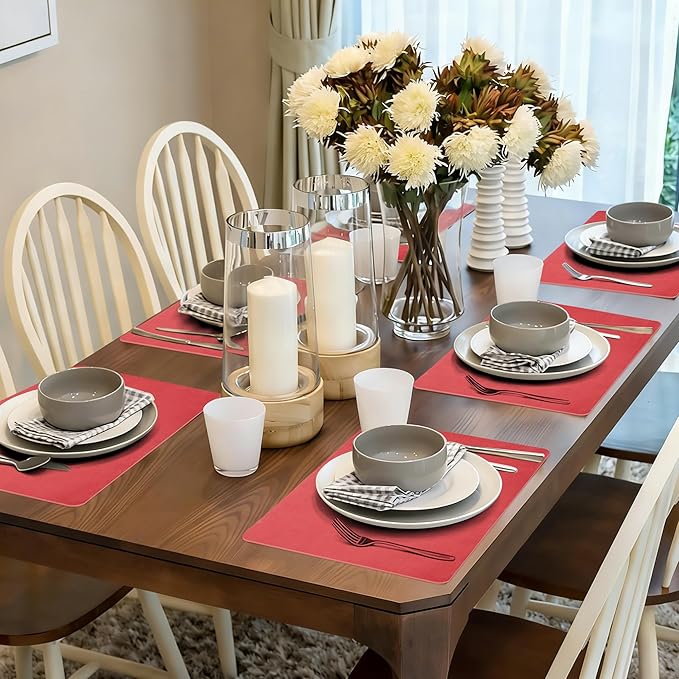 Maxpearl Red Placemats Set of 6, Faux Leather Dining Table Mats -Waterproof - Wipe Clean - Heat Resistant - Anti Slip, Suitable for Indoor & Outdoor Use, 17''×12''