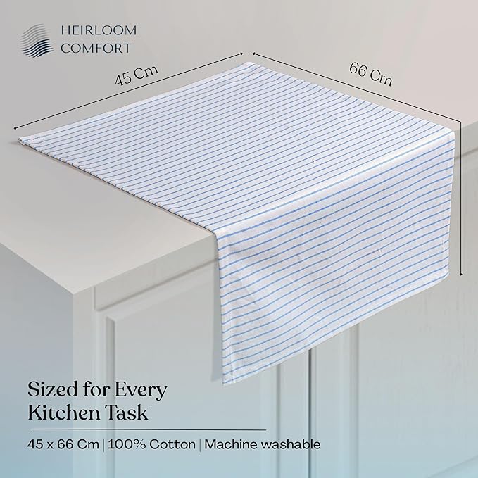 Turquiose Blue Stripe Kitchen Towels, 12 Pack, 100% Cotton, Super Absorbent and Quick Dry, Classic Striped Towel Set, Durable Dish Cloths for Kitchen Use, Cleaning & Drying Dishes