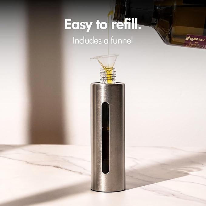 KIVY Glass Oil Sprayer for Cooking– Precise Oil & Vinegar Spray Bottle Oil Mister Spray Bottle for Food – Includes Funnel – Perfect for Cooking & Air Fryer (2x Brushed Stainless Steel)