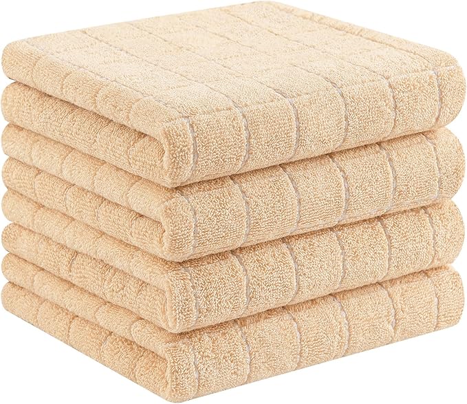 Homaxy 100% Cotton Terry Kitchen Towels(Apricot, 13 x 28 inches), Checkered Designed, Soft and Super Absorbent Dish Towels, 4 Pack
