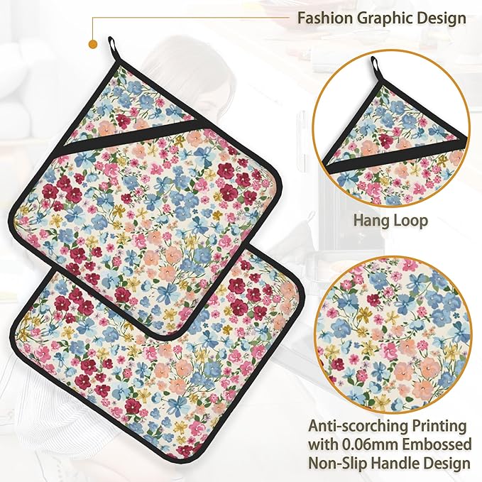 Wild Flowers Floral Meadow Pot Holder Set of 2,Heat Resistant Potholders Oven Hot Pads for Kitchen Cooking Baking BBQ