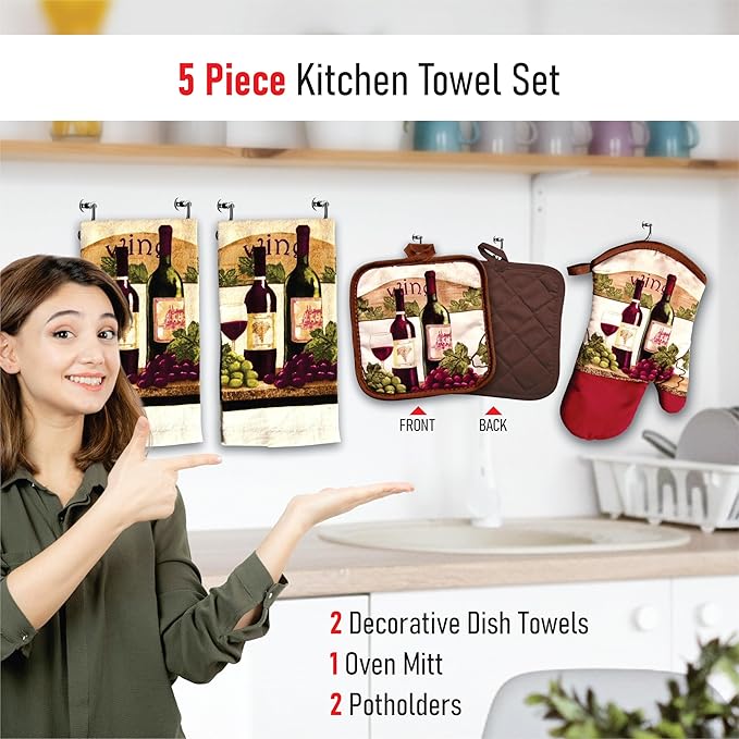 Lobyn Value Packs - Wine Lover’s Kitchen Grape & Wine Bottle Motif, 5 Piece Kitchen Towel Set with 2 Decorative Dish Towels (25 X15), 1 Oven Mitt (11 X 7) and 2 Potholders (6.5 X 6.5)