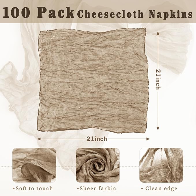 100 Pack Sand Cheesecloth Napkins 21x21 Inches Sand Cloth Napkins Set of 100 Washable Dinner Table Napkins for Wedding Rustic Boho Cotton Gauze Party Bridal Baby Shower Family Gathering Table Decor