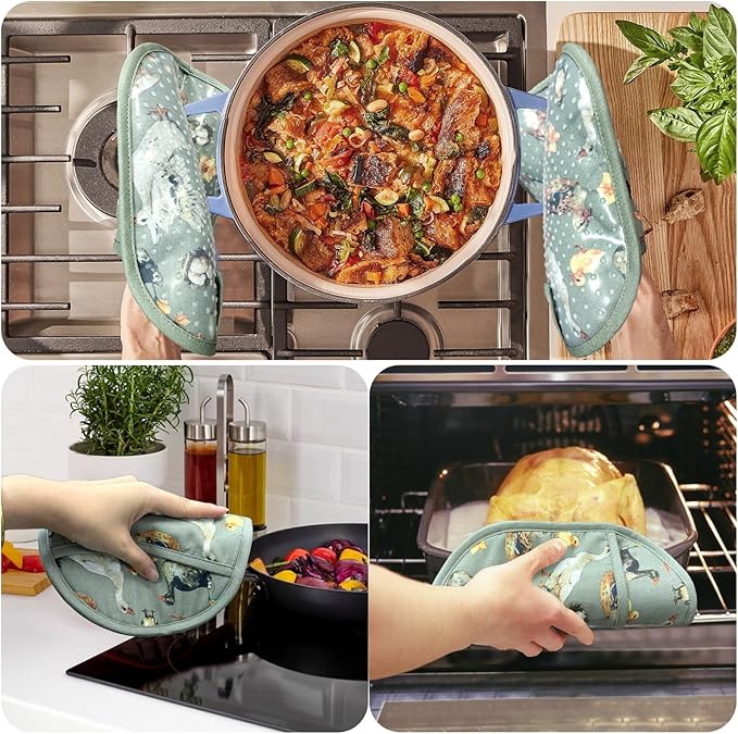 Pot Holders Set of 2 with Transparent Clear Silicone Shell and Nice Duck Flower Cotton Lining, Heat Resistant to 500 F Kitchen Oven Gloves Pot Holder for Cooking (Wathet Blue, Potholders)