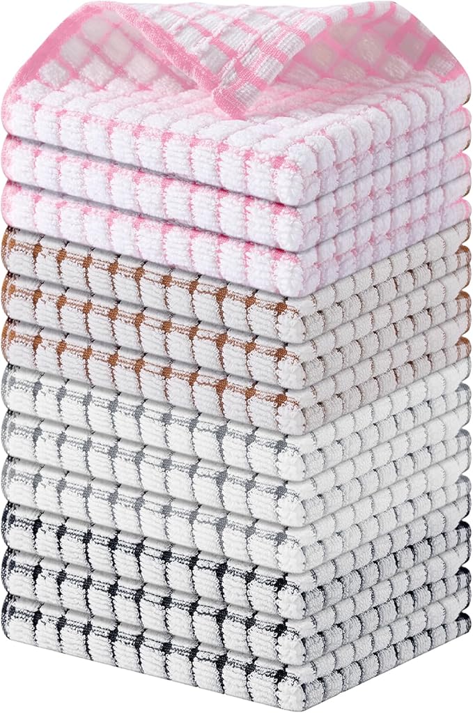 Kitinjoy Cotton 12 Pack Terry Kitchen Dish Cloths, 12 x 12 Inches Super Soft and Absorbent Dish Rags, Quick Drying Dish Towels for Washing Dishes, Mix Color