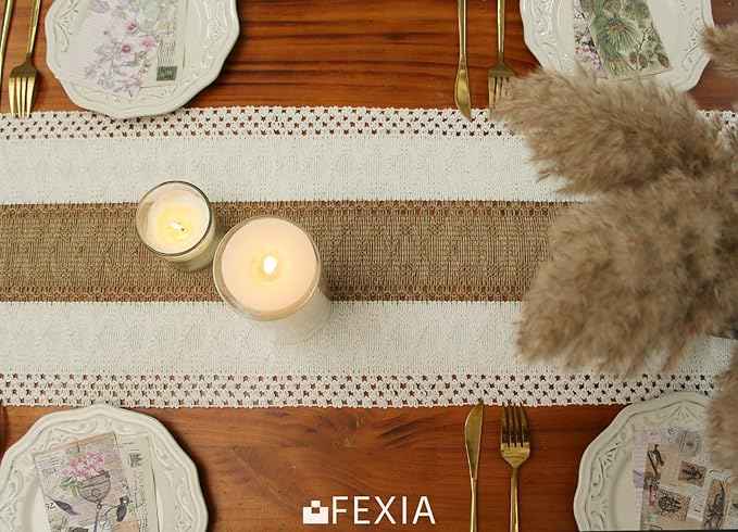 Fexia Boho Table Runner for Christmas Thanksgiving Home Decor with Tassels 90 Inch Cream & Brown Macrame Runner for Dining & Bedroom Baby Bridal Shower Decor(12x90 Inches)