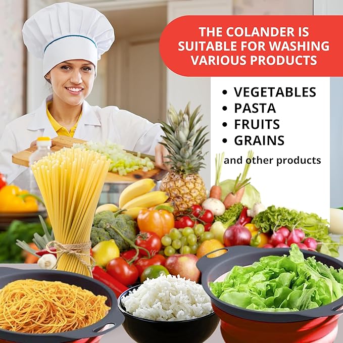 Set of 3 Red Food Strainer for Kitchen - Silicone Sieve Small Foldable Colander for Pasta and Spaghetti Multifunctional Silicone Collapsible Strainer for Camping