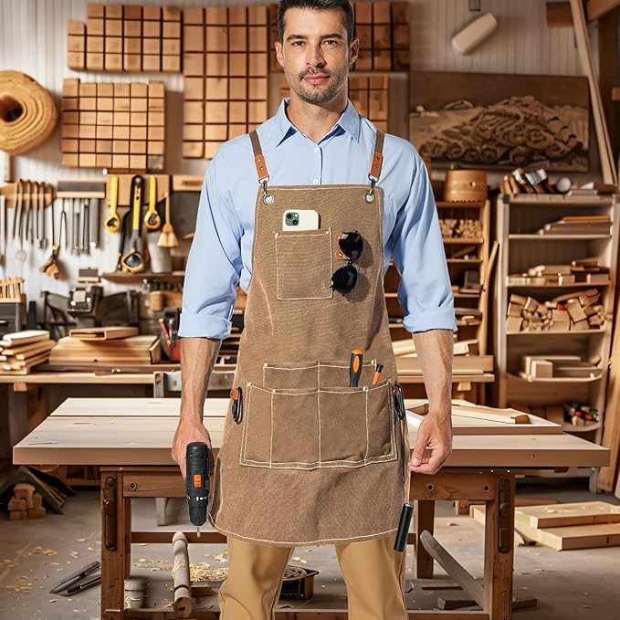 Canvas Work Apron,Cross Back Aprons for Men,Women,Cooking,Carpenter,Woodworking,Chef,BBQ,Grilling,Bartender