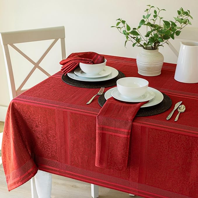 Benson Mills Ravenna Yarn Dyed Jacquard Heavyweight Fabric Table Cloth, Everyday, Parties, Weddings, Holiday, Winter and Christmas Tablecloth (60" x 144" Rectangular, Red)