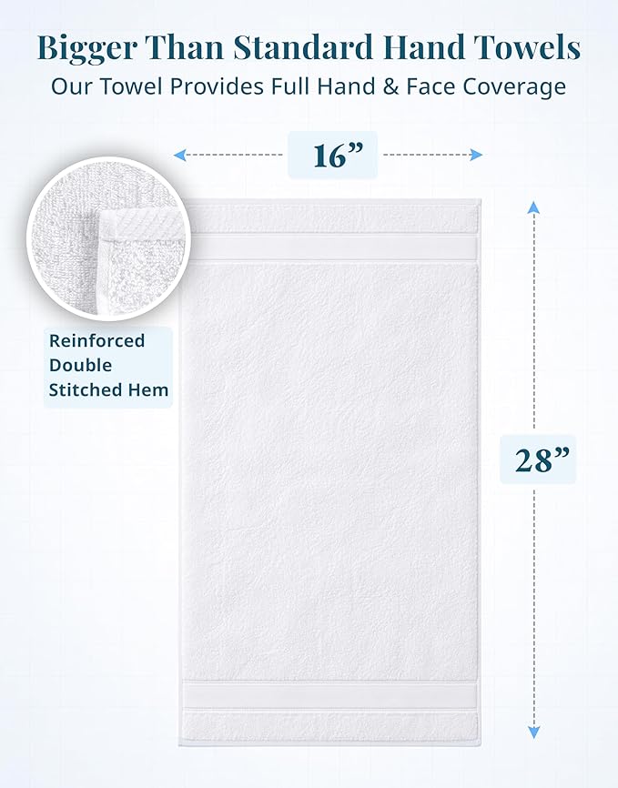 White Hand Towels for Bathroom - Pack of 4 (16"x28") 100% Cotton Hand & Face Towels - Soft, Durable, Quick Dry & Highly Absorbent, Fingertip Towel for Bathroom - Great for Gym, Salon, Spa & Family Use