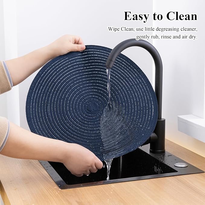 SHACOS 15 inch Round Placemats Set of 12 for Dining Table Braided Circle Place Mats Kitchen Table Placemat Washable Table Mats, Navy Blue