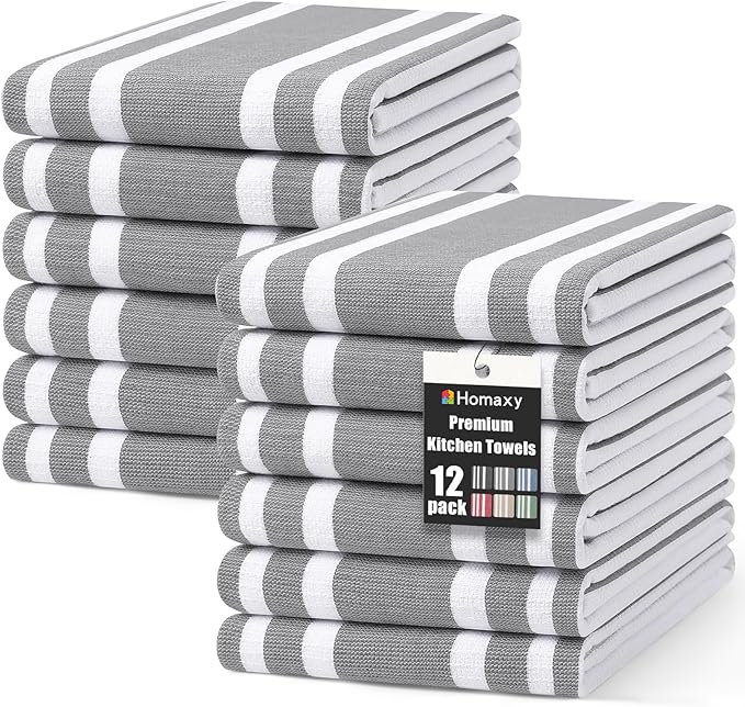 Homaxy Premium Kitchen Towels 18”x 28”, Large Cotton 380 GSM Kitchen Hand Towels, Stripe and Terry Dish Towel, Highly Absorbent Tea Towel Set with Hanging Loop, 12 Pack, Grey