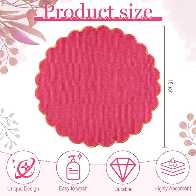 Set of 6 Round Placemats 15 Inch Cotton Scalloped Embroidery Placemat Washable Double Layered Rustic Dinner Table Mat Decor Fabric for Hotel Restaurant Kitchen(Hot Pink/Orange,Classic)
