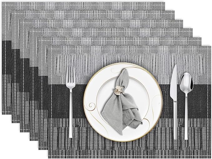Niviy Black Placemats Set of 6, 12x18 Inch Washable Easy to Clean Heat-Resistant Anti-Skid Indoor Outdoor Table Mats for Holiday Party Kitchen Dining Room Decoration