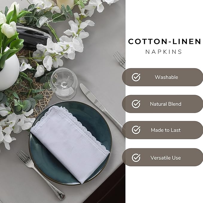 Ramanta Home White Coth Dinner Napkin Set of 12 Premium Easter Cotton 20X20 Inch Oversized Linen Flax Lace Soft & Durable Washable Ideal for Spring Basket Decor, Wedding Parties, Birthday