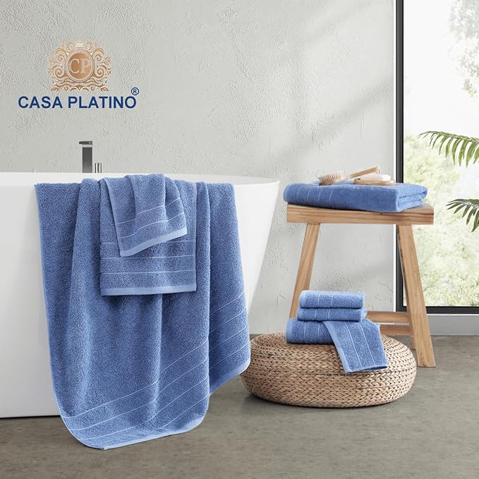 Casa Platino Cotton Bath Towel 8 Piece Set - Super Soft, Quick Dry & Absorbent - 2 Bath, 4 Washcloths, 2 Hand Towels for Bathroom - Durable & Minimal Lint After 3 Washes - Cerulean Blue