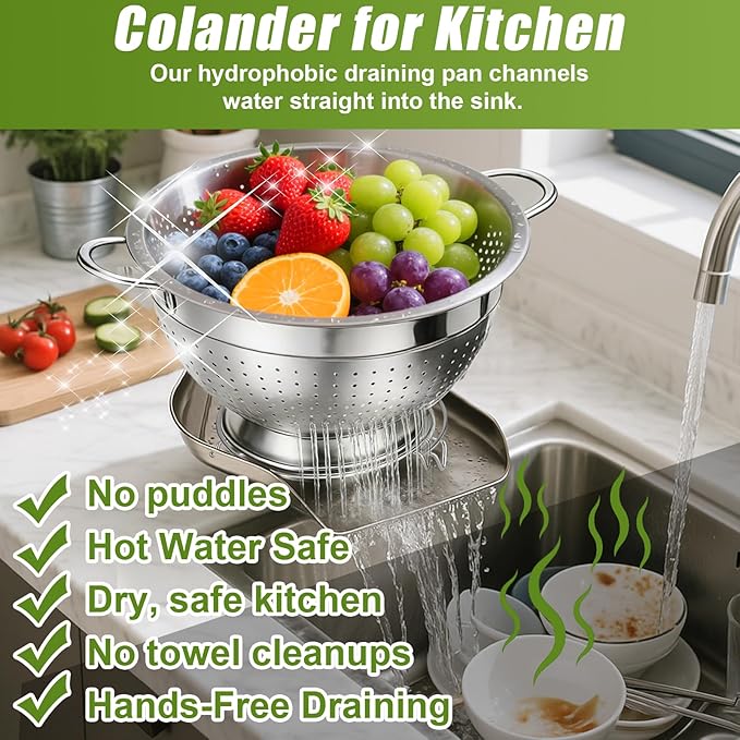 Palksky Stainless Steel Colander Set with Handles & Self-Draining Base, 3 Sizes (7”, 9”, 11”), Heavy Duty Pasta Strainer, Rice & Vegetable Strainer, Countertop Draining System