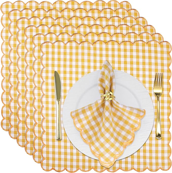 SmoothNovelty 12 Pack Buffalo Plaid Cloth Napkins 18x18 Inch Spring Checkered Cloth Napkins Scalloped Soft Cotton Table Mat Washable Reusable for Dinner Wedding Birthday Parties (Classic,Orange)