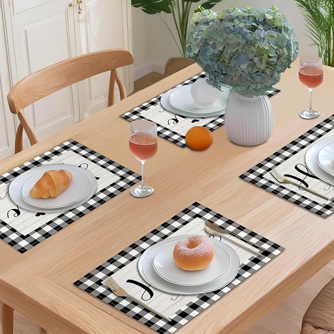 Buffalo Plaid Placemats Set of 4 Black White Place Mats Farmhouse Sweet Home Kitchen Table Mats - Linen Fabric Heat Resistant Machine Washable Placemats for Dining Coffee Table 12x18Inch