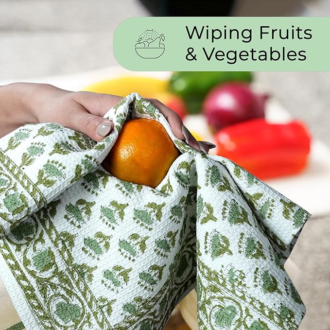 CPC Emerald Green Hand Block Print Waffle Kitchen Towel Set of 3-16 x28 Ultra Absorbent Quick Dry 100% Cotton Dish Towels Lightweight Reusable Sustainable Tea Towels for Cleaning and Drying