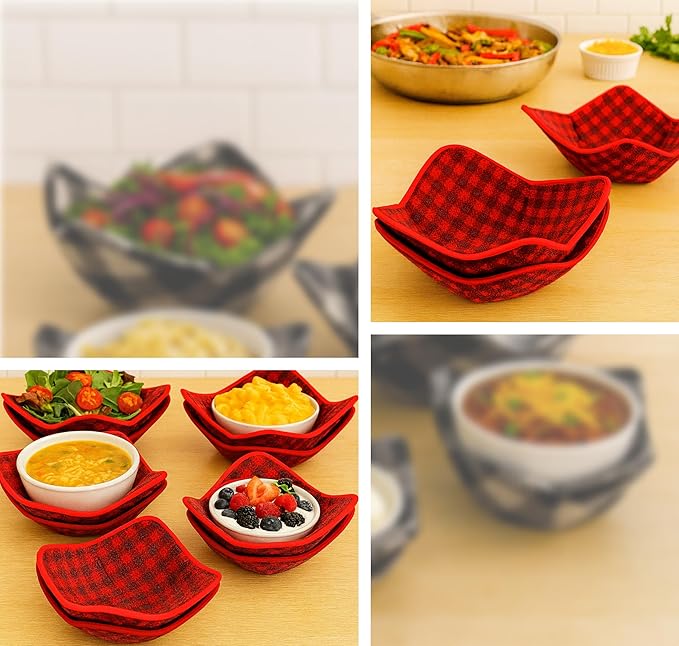 Set 2X Black 7" sq. x 4" H Red Microwave Bowl Cloth Hot Pads Pot - Microwave Safe Holder Multipurpose Heat Resistant Plate Holder Polyester Potholder - Protector for Heat Soup, Food, Meals