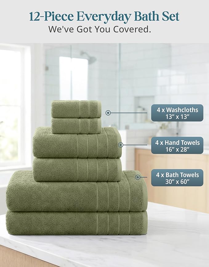 Casa Platino 100% Luxury Bath Towel Pack of 12 - Softer, High Absorbency & Durable - 4 Bath, 4 Wash Cloth, 4 Hand Towels for Bathroom - Premium Look, Spa Quality, Solid Dyed Towels - Oil Green