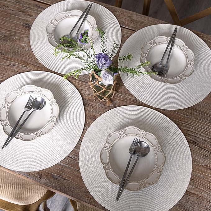FunWheat Round Braided Placemats Set of 8 Place Mats for Dining Table Woven Washable Non-Slip Table Mats 15 Inch(Cream White,8pcs)