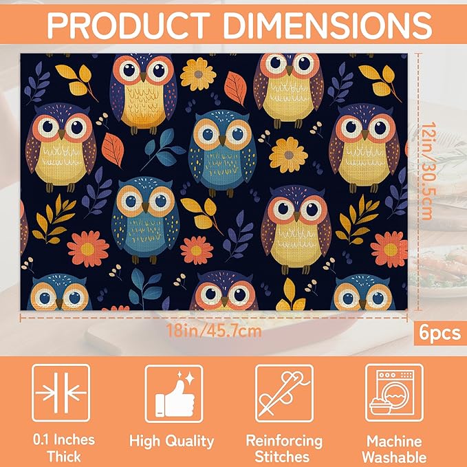 Cute Owl Table Mats Set of 6,Non-Slip Washable Placemats for Restaurant Home Kitchen Dinner Table 12x18Inch