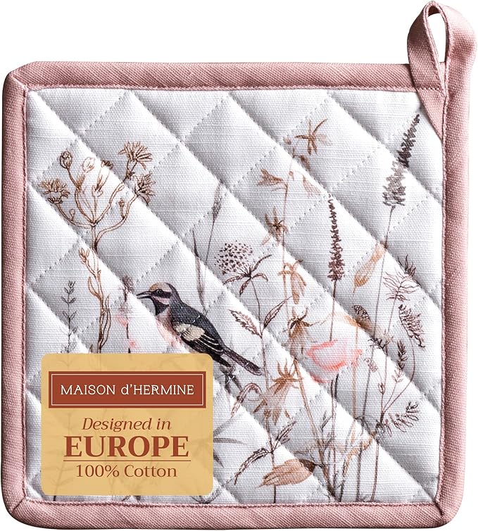 Maison d' Hermine Pot Holders 100% Cotton Heat Resistant Potholders 8" x 8" Hot Pads with Loop BBQ Baking Gifts for Mothers Day Handling Hot Pans Spring/Summer (Pack of 1, Meadow Florals - Brown)