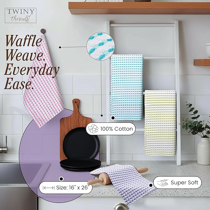 TWINY threads Multicolors White Waffle Towels 4 Pack, 16x26 Inches Absorbent Waffle Weave Kitchen Dish Cloth Set, Soft, Durable & Machine Washable Tea Towel, Rose Pink, Aqua Blue, Lavender, Green
