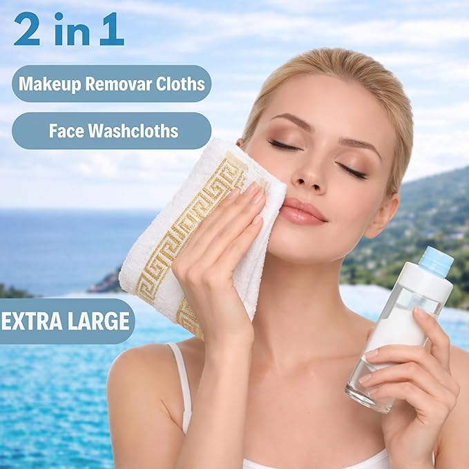 4 Piece WashCloth Set with Greek Key Design - 100% Cotton Soft & Absorbent Bathroom 12x19 in Small Towels - Soft Face Towels, Quick Dry White Wash Cloth for Spa, Hotel & Home Use CC2