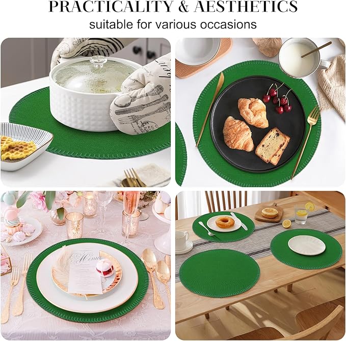 Round Placemats Set of 6, 15 Inch Linen Fabric Table Placemats, Heat Resistant, Wrinkle Free Washable Placemats Kitchen Place Mats Set of 6 for Dining Table Party Table (Green, 6)