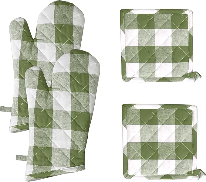 Native Fab Buffalo Plaid Check Oven Mitts and Pot Holders Set of 4, 100% Cotton Heat Resistant Kitchen Gloves, 2 Oven Mitts (7x13), 2 Pot Holders (8x8) for Cooking & Baking, Mint Green White