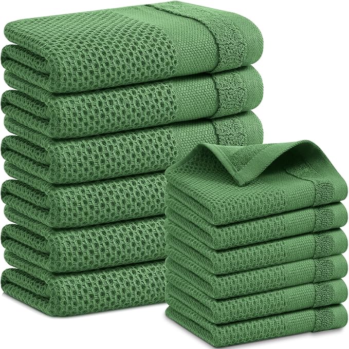Homaxy Kitchen Towels and Dishcloths Set, 12 x 12 and 13 x 28 Inches, Set of 12 100% Cotton Waffle Weave Kitchen Towels, Super Soft and Absorbent Dish Cloths, Grass Green