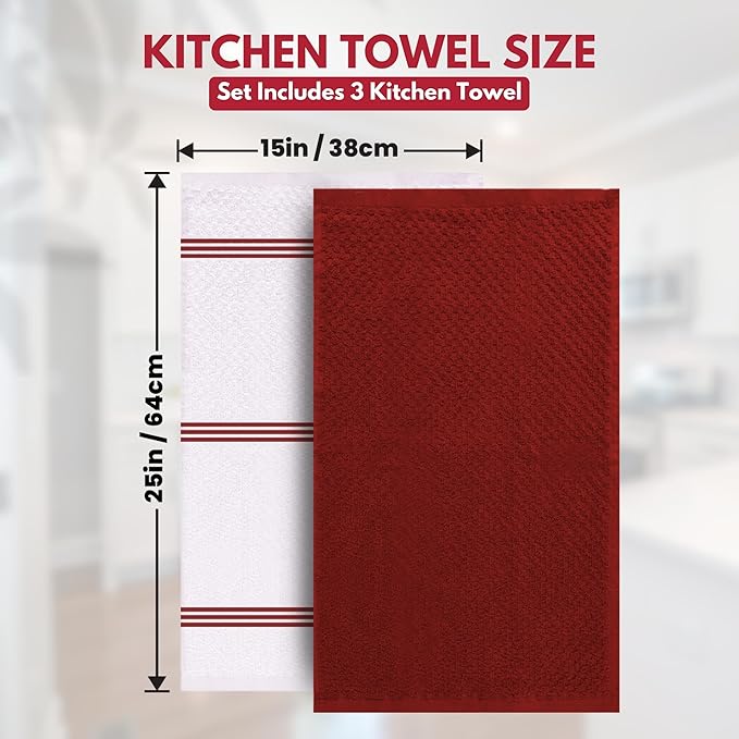 Infinitee Xclusives Premium Kitchen Towels – Pack of 3, 100% Cotton |15 x 25| Inches Absorbent Dish Towels - Terry Kitchen Dishcloth Towels - Red Dish Cloth for Household Cleaning