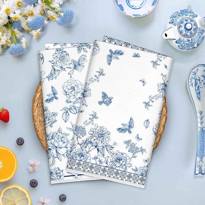 Chinoiserie Floral Bird Microfiber Kitchen Towels, Soft Absorbent Hand Towel 15.7 × 23.6 Inch, Thick Dish Cloth for Party Anniversary Holiday Decoration, Housewarming Gifts for Mom