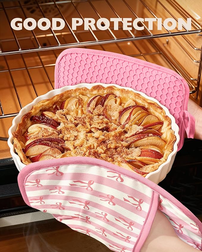 Slohif Silcone Bow Pot Holders for Kitchen - 100% Cotton Pink Cute Oven Potholders with Pockets, Heat Resistant Square Thick Hot Pads, House New Home Baking Baker Gifts,2pack